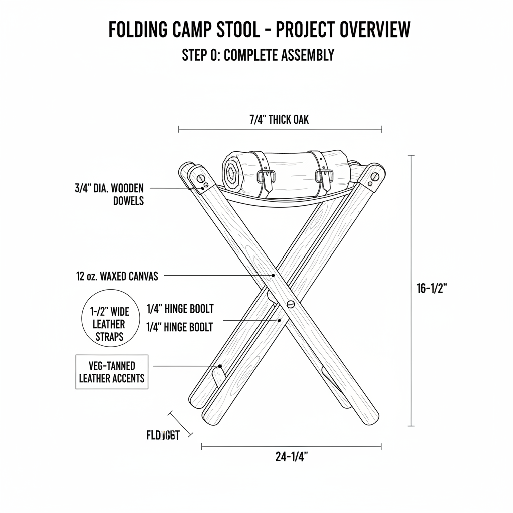 Folding camp stool with canvas seat and leather accents