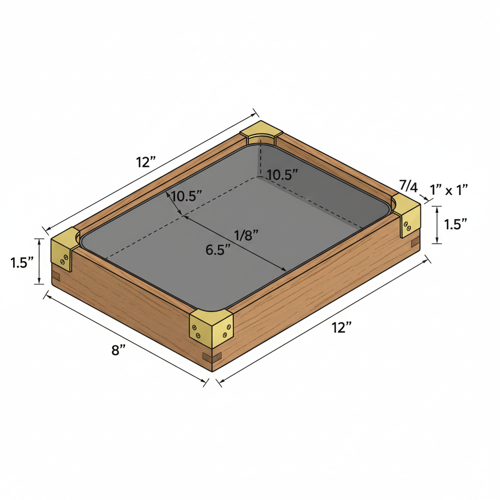 Valet tray with leather lining, wood body, and brass corners