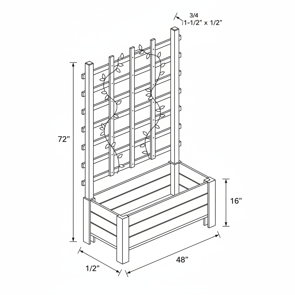 Outdoor cedar planter box with integrated trellis for climbing plants