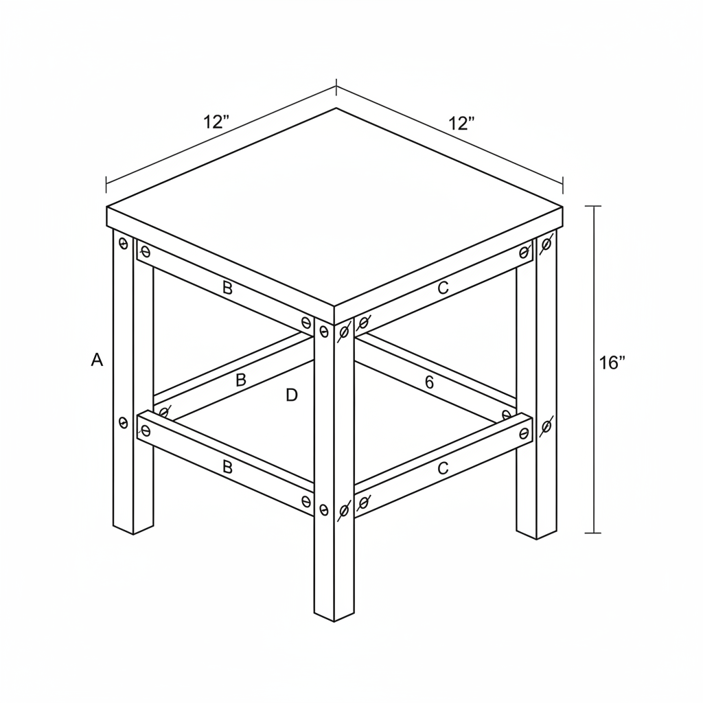 Small pine shop stool, 16 inches tall with a 12 by 12 inch seat, made from 2x4 pine framing and a 3/4 inch hardwood plywood seat. Beginner-friendly with mortise-free joinery.