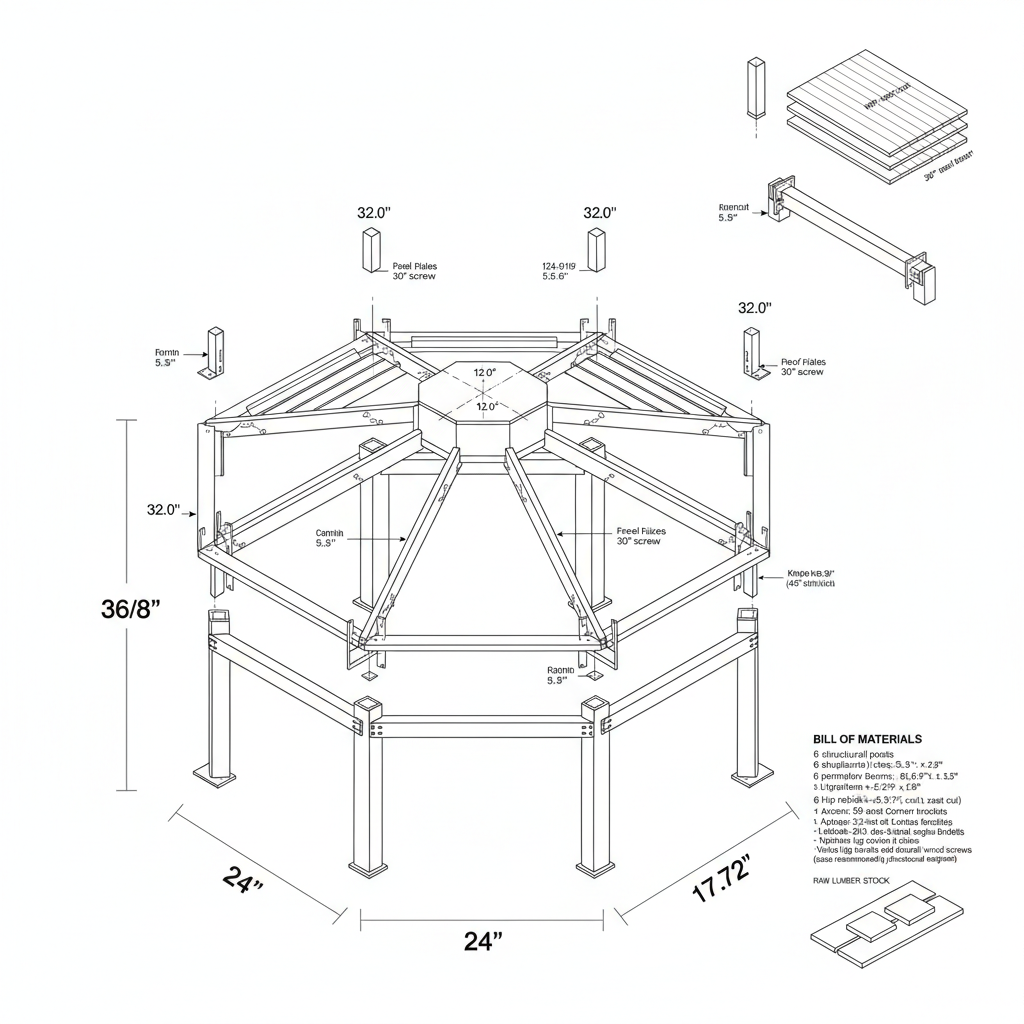 Project Background: Construction of a hexagonal wooden gazebo. Objective: To obtain a detailed fabrication drawing for the main structure, including the dimensions and cut angles for each wooden component. Specific Parameters: Shape: Hexagonal, with 6 posts. Dimensions: 4.00 m distance between the outer faces of opposite posts. 450 mm roof overhang. Structure: Posts with a cross-section of 140×140 mm, height under beams of 2.20 m. Roof: Double-layered ventilated roof, with a 30° pitch. Wood dimensions: 45×240 mm beams, 45×145 mm rafters (or dimensions recommended by the software). Assembly: Using metal connectors (brackets, clamps, lag screws), as I do not wish to use mortise-and-tenon joints. Expected deliverables: A PDF file containing: Site plan and post placement. Detailed drawings of each part with lengths and cutting angles. Complete bill of materials for lumber and recommended hardware. Exploded view and step-by-step assembly instructions. A cutting list to optimize lumber purchases.