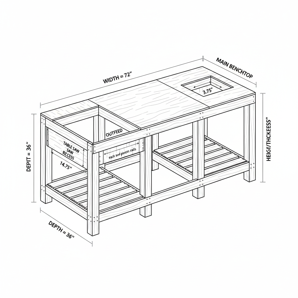 a table saw and miter saw bench. 36" tall, 36 wide, 5' long. Table saw along one side, with miter saw closer to the opposite side, recessed down 3.75" from the bench tops. Table saw needs to be recessed down 14.75", and make room for the rack and pinion rails. The only plywood will be the benchtop. THe rest will be just 2x4's