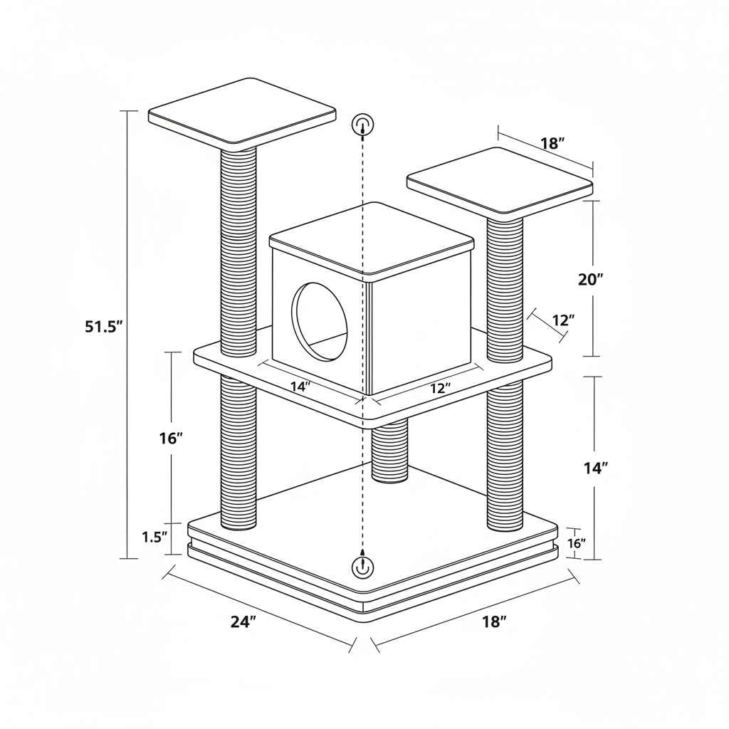Cat tower with a base platform , a middle platform and a top platform, with a cat house on the middle platform,