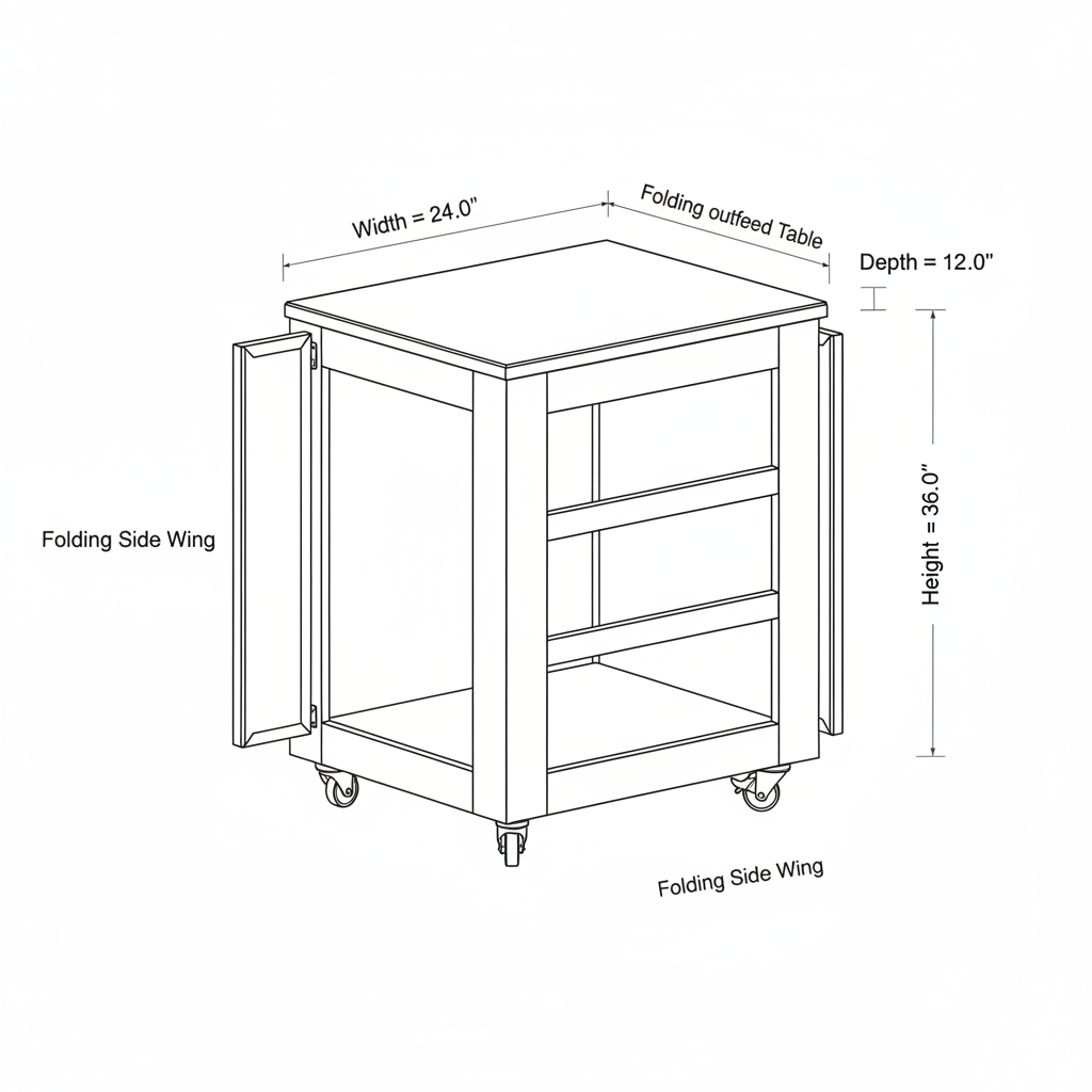 A mobile cart for a DeWalt table saw with wings on 2 sides and a foldable outfeed table. But I want this to be convertible to a miter saw table as well by taking the table saw off and put on a miter saw.