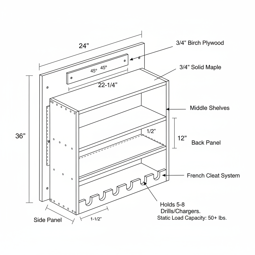 Shelf/charging station for 5-8 drill batteries