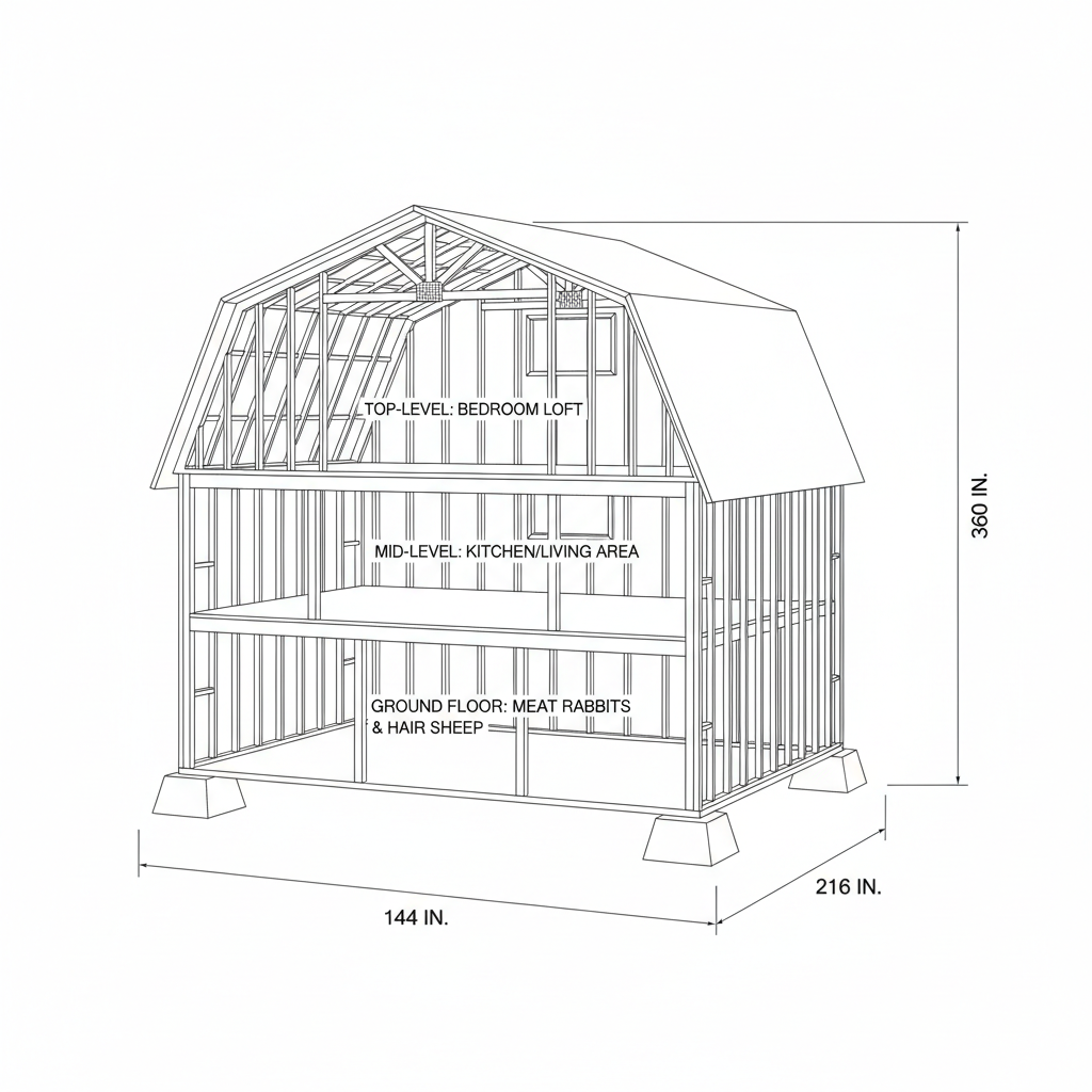 3 story gamble barn with two lofted liviing spaces, one bedroom and one kitchen/ living room space, ground floor for meat rabbits and hair sheep