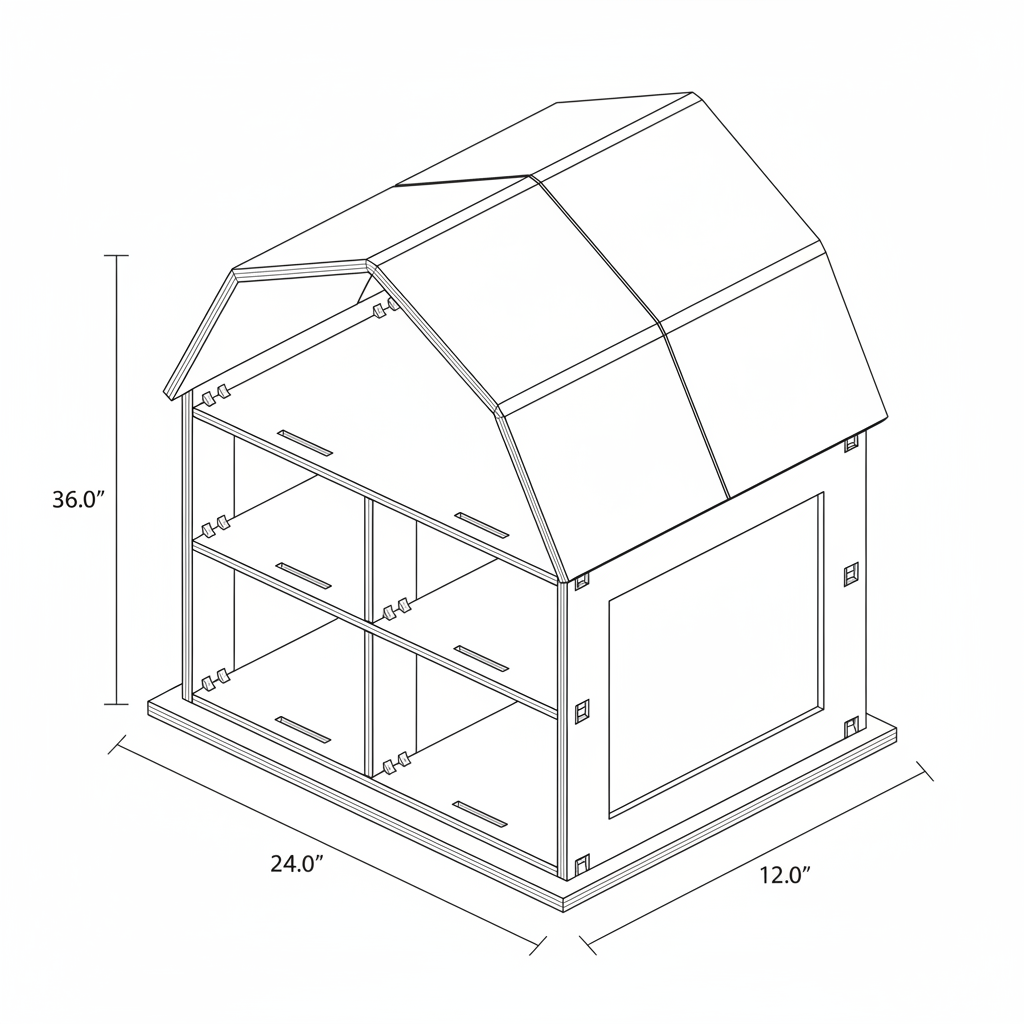 3 story gamble barn with two lofted liviing spaces, one bedroom and one kitchen/ living room space, ground floor for meat rabbits and hair sheep