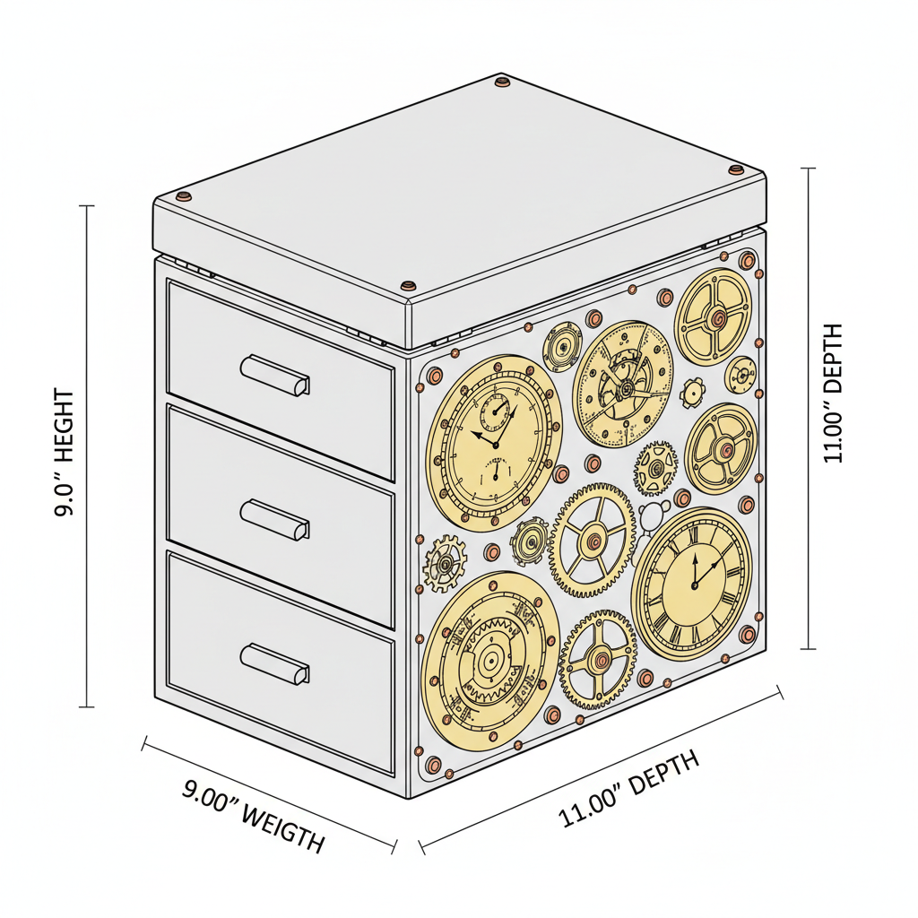 A small box with draws and a lid, decorated with recycled brass clock parts.