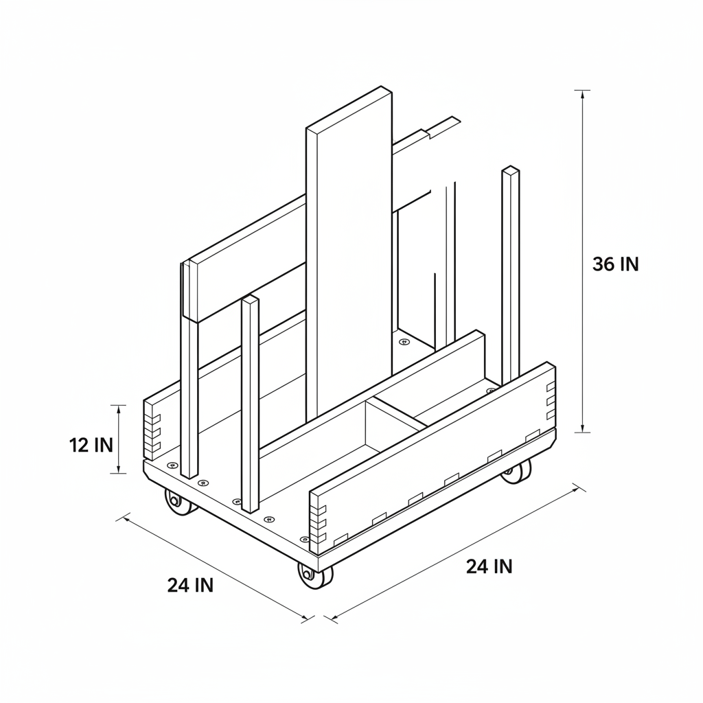 Storage rack for sheet goods and scrap construction wood. Movable. Must be able to handle the wood in a garage with 2m ceiling height. Use metric.