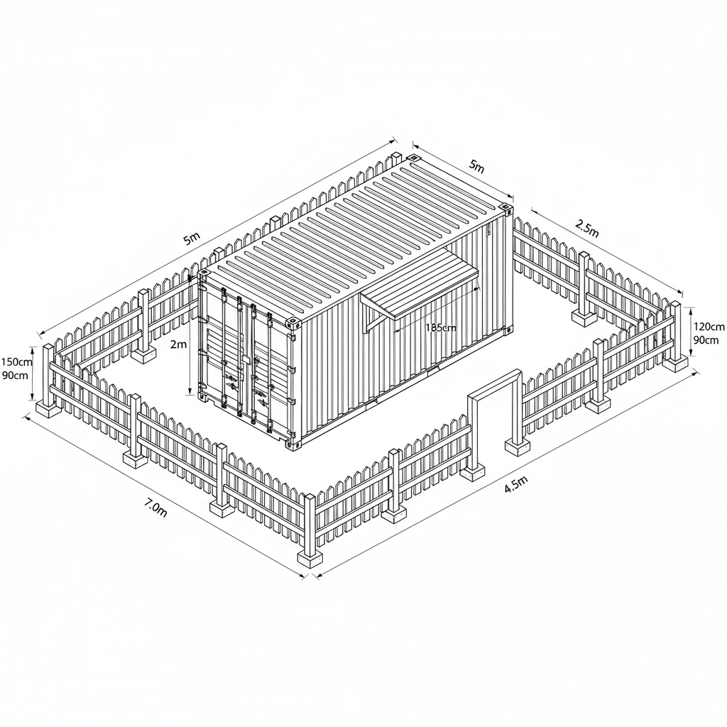 I'd like to build a kennel for my dog. I already have a shipping container that is 5 m long, 2.5 m wide, and 2 m high. The doghouse will go inside it. I would like you to draw up a plan for the exterior, including a fence around the container. Please also draw up a plan for a canopy over the container door. The canopy should be wider than the door and provide shade.