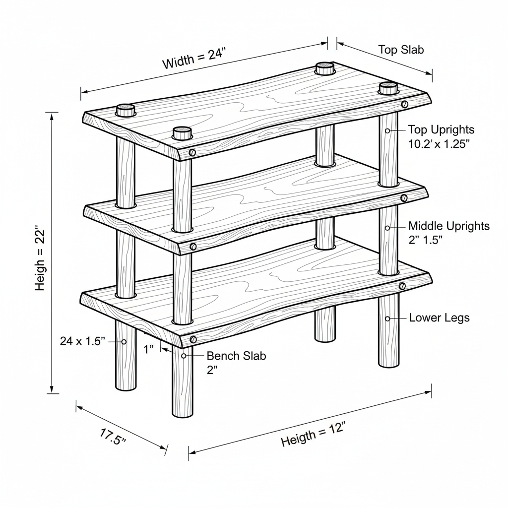 A rustic tree branch bookshelf with live edge bench