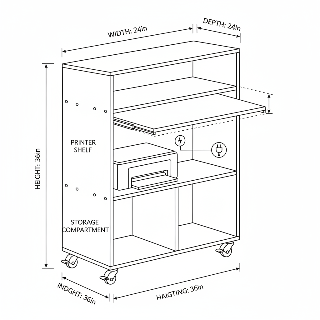 Kid study table with space for laptop, printer, charging point, drawers to keep bag, books, notebooks, top shelf for misc items, wheels for easy movement.