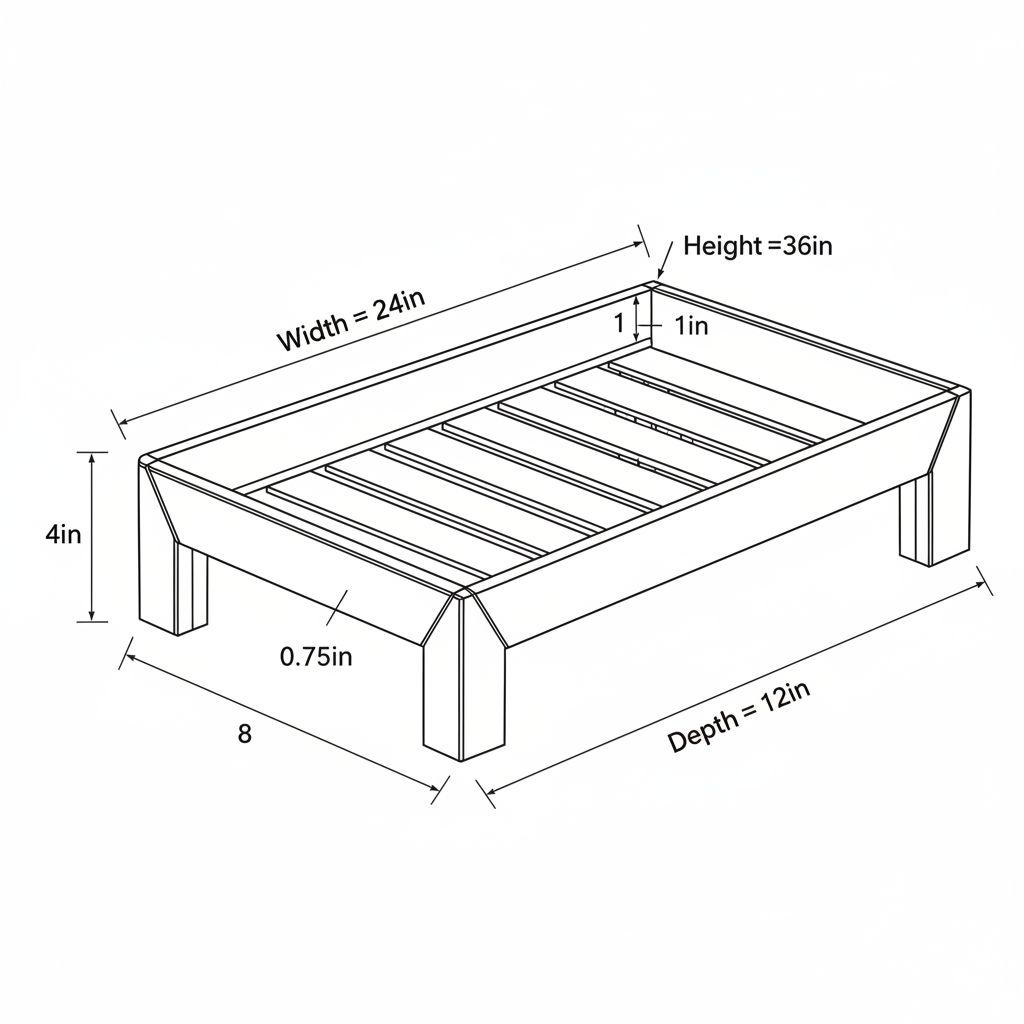 A simple modern sun bed built from 4 inch wide Cypress frame and 4x4 Cypress legs. The sun bed should be 8 inches tall and should have slats to support a mattress recessed 1 inch below the top of the Cypress frame rails.