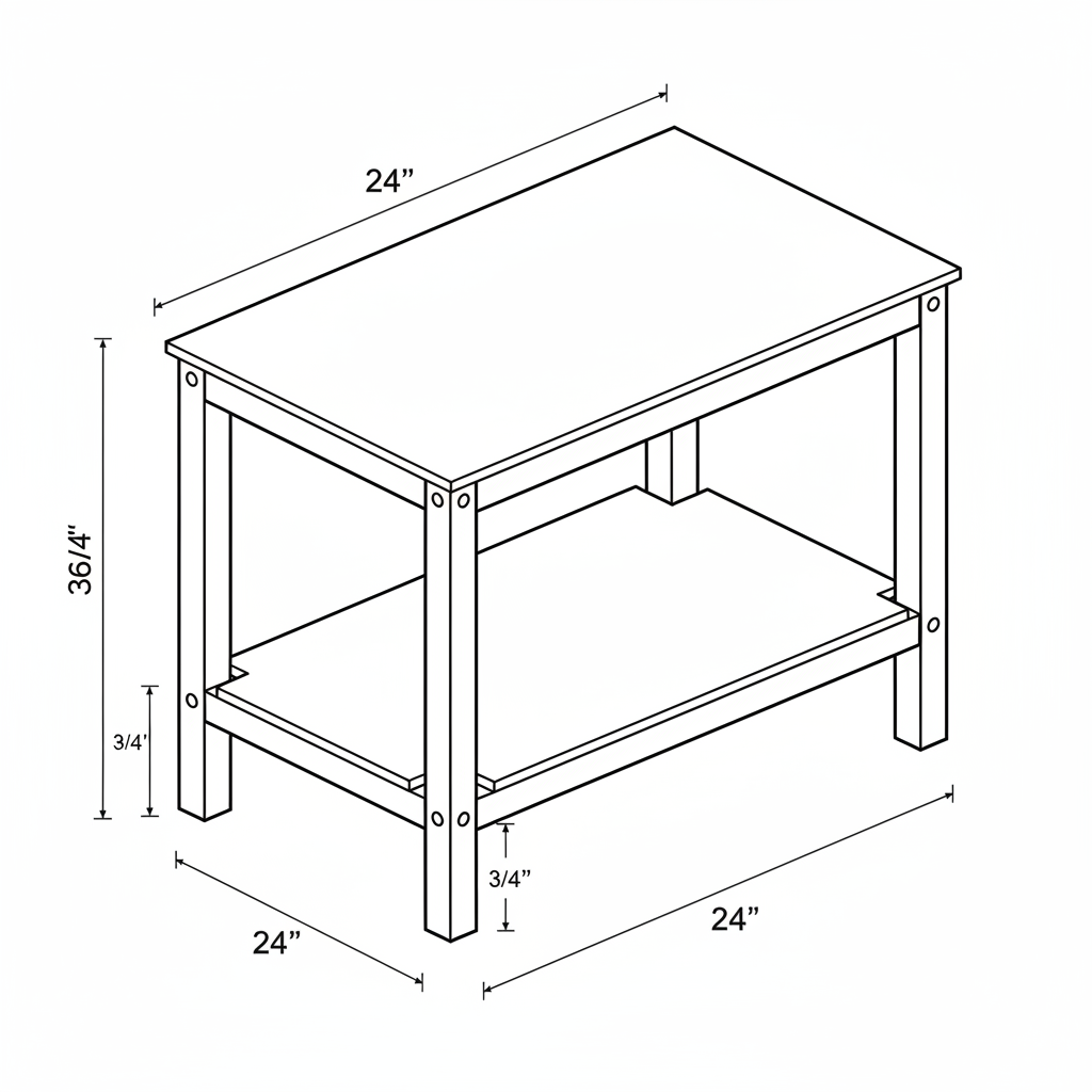 A small wooden work table. I need to build it with the minimum of tools and without wood joinery. I need it to be standard height. The top should be 48 inches by 36 inches
