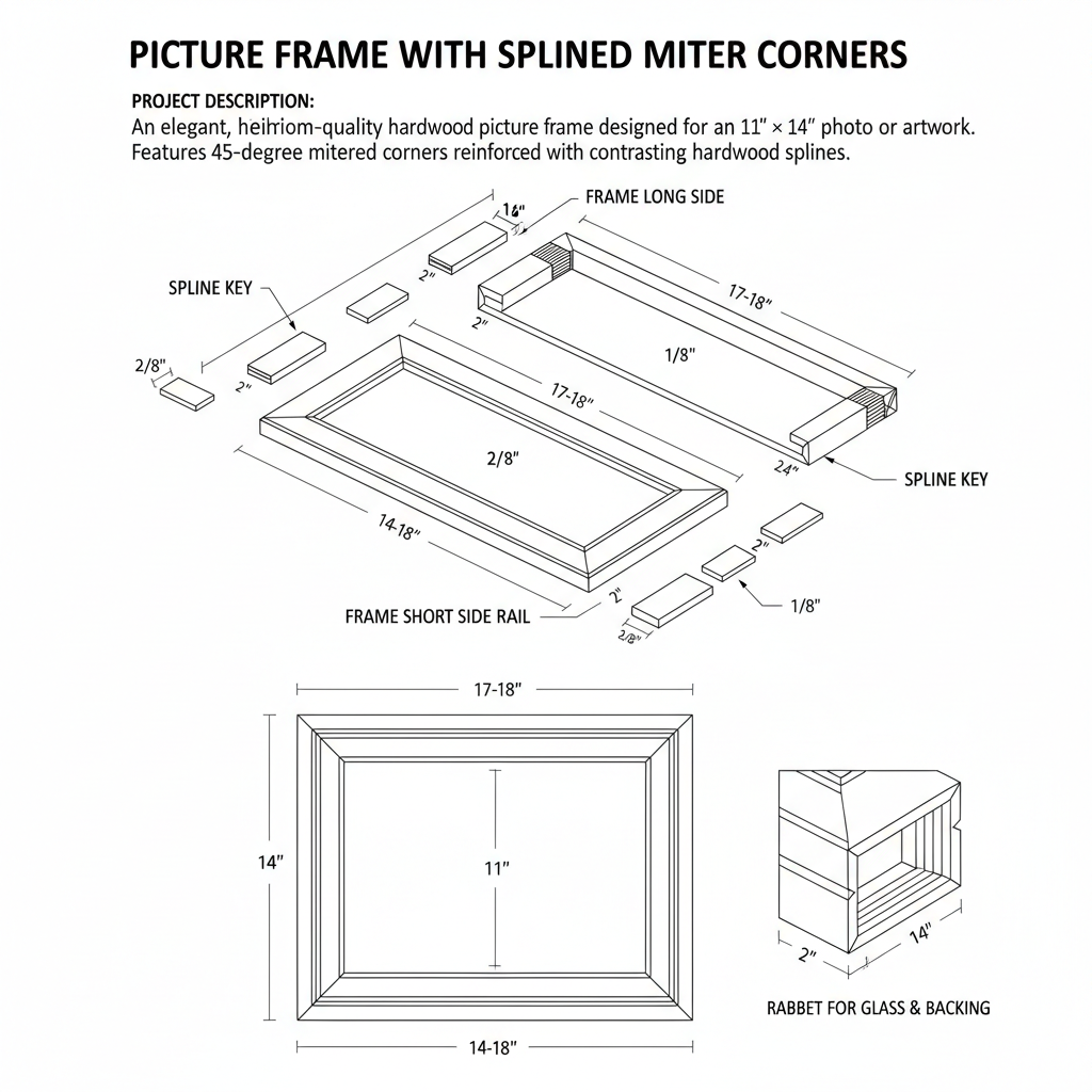 Picture frame with decorative splined miter corners
