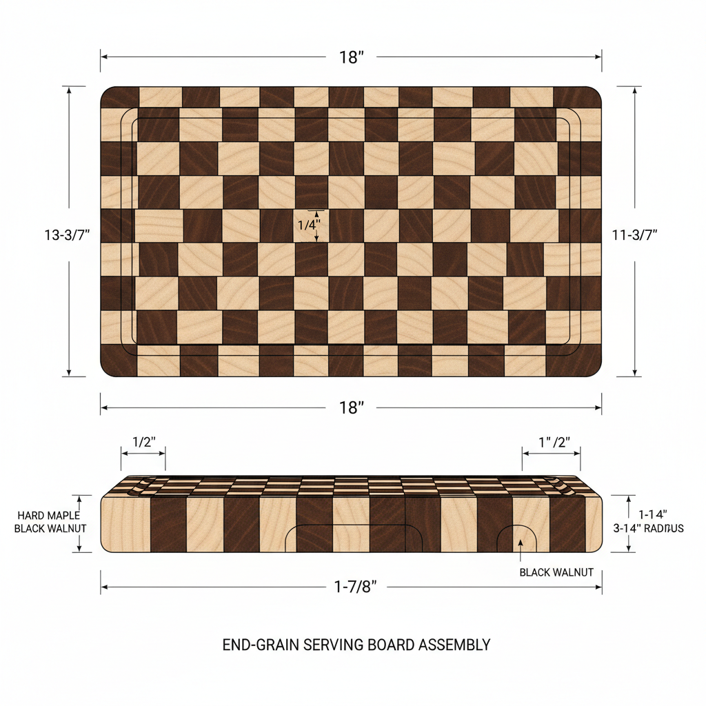 Wooden serving board with carved juice groove, end-grain construction