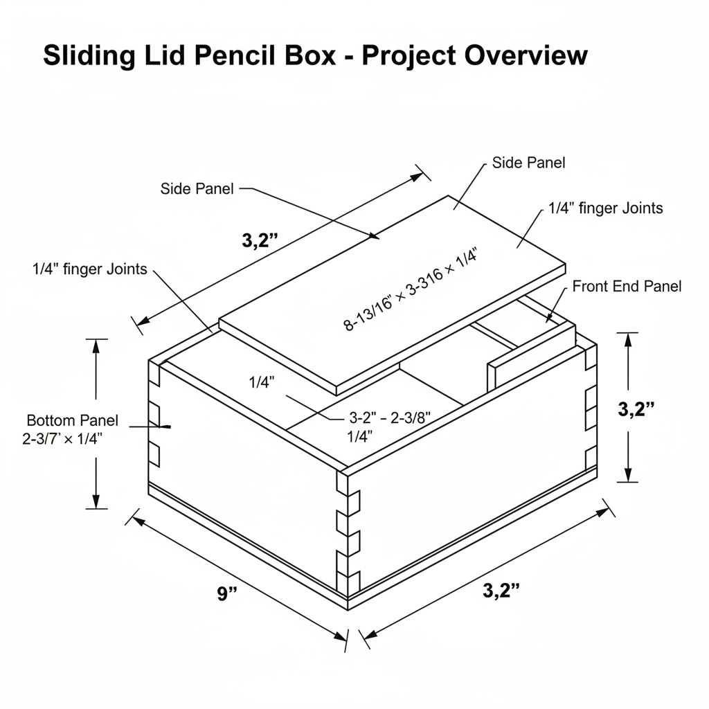 Sliding lid pencil box with finger-joint construction