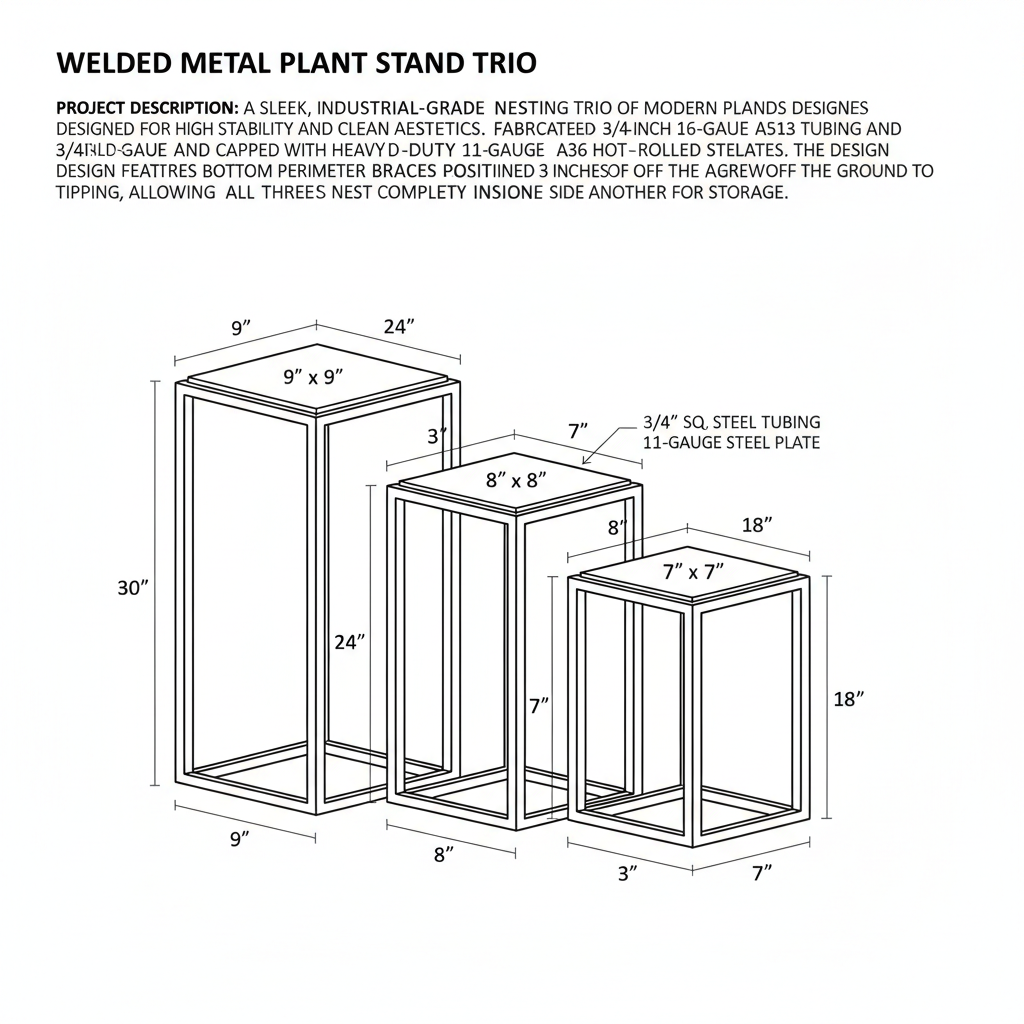 Welded metal plant stand trio in varying heights