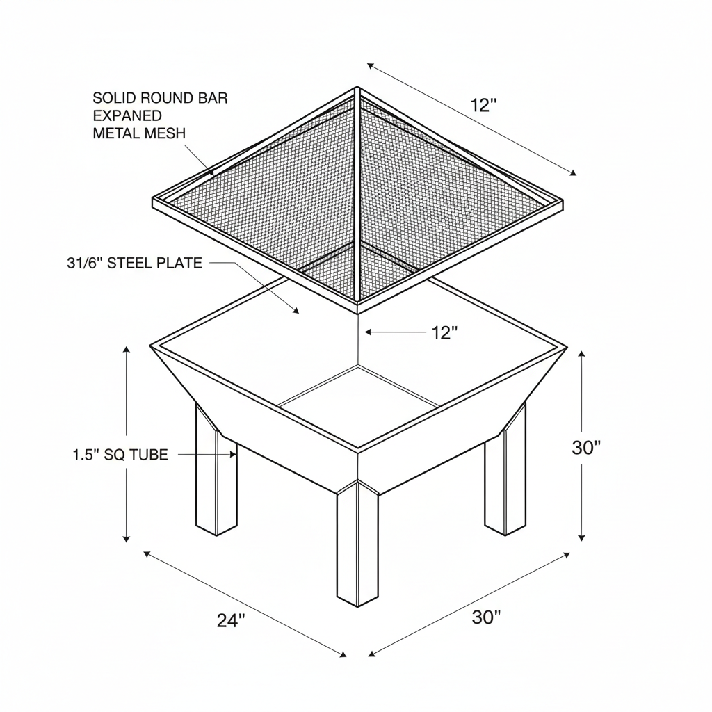 Metal fire pit with decorative spark screen lid