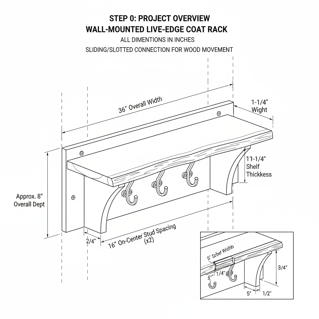 Wall-mounted coat rack with live edge walnut shelf