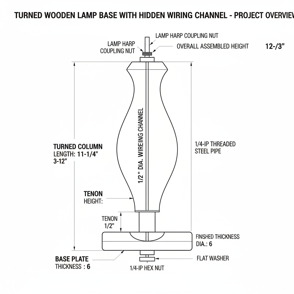 Turned wooden lamp base with hidden wiring channel