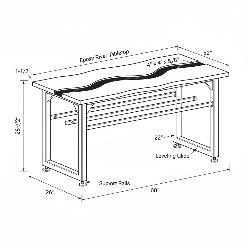 Desk with metal frame legs and epoxy river surface