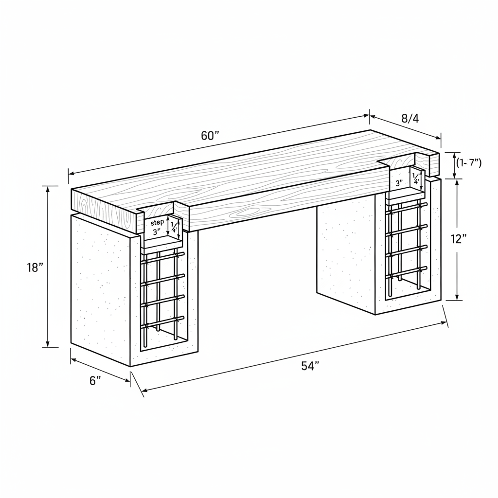 Concrete and wood bench with steel reinforcement