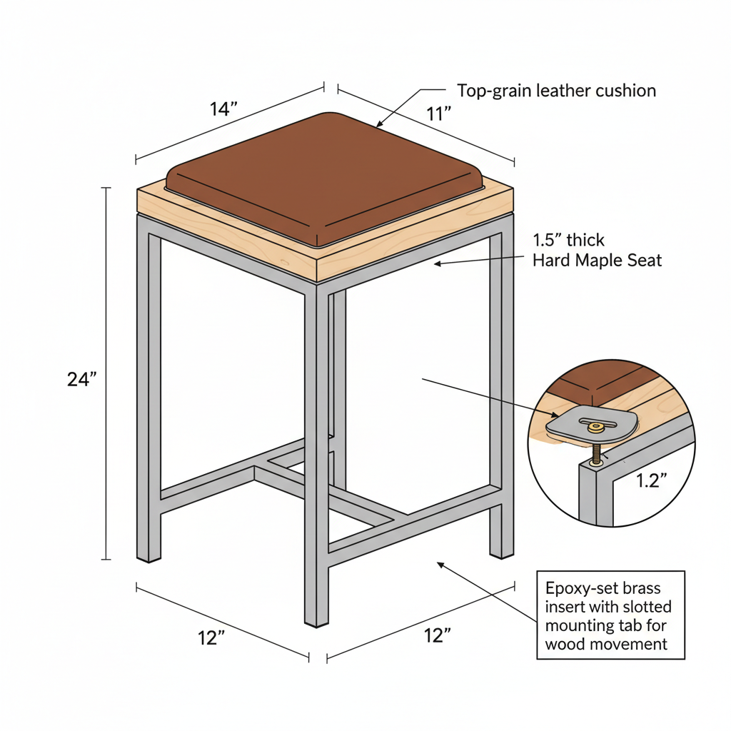 Workshop stool combining wood seat, metal frame, and leather padding