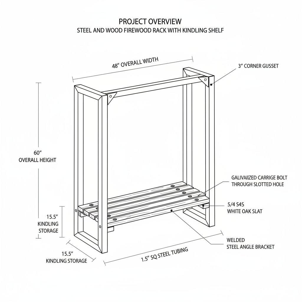 Steel and wood firewood rack with kindling shelf