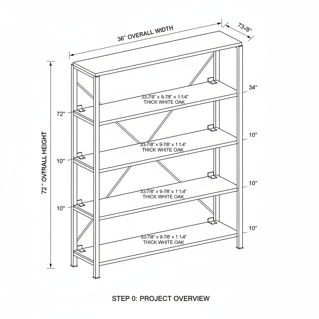 Industrial bookshelf with welded steel frame and wood shelves