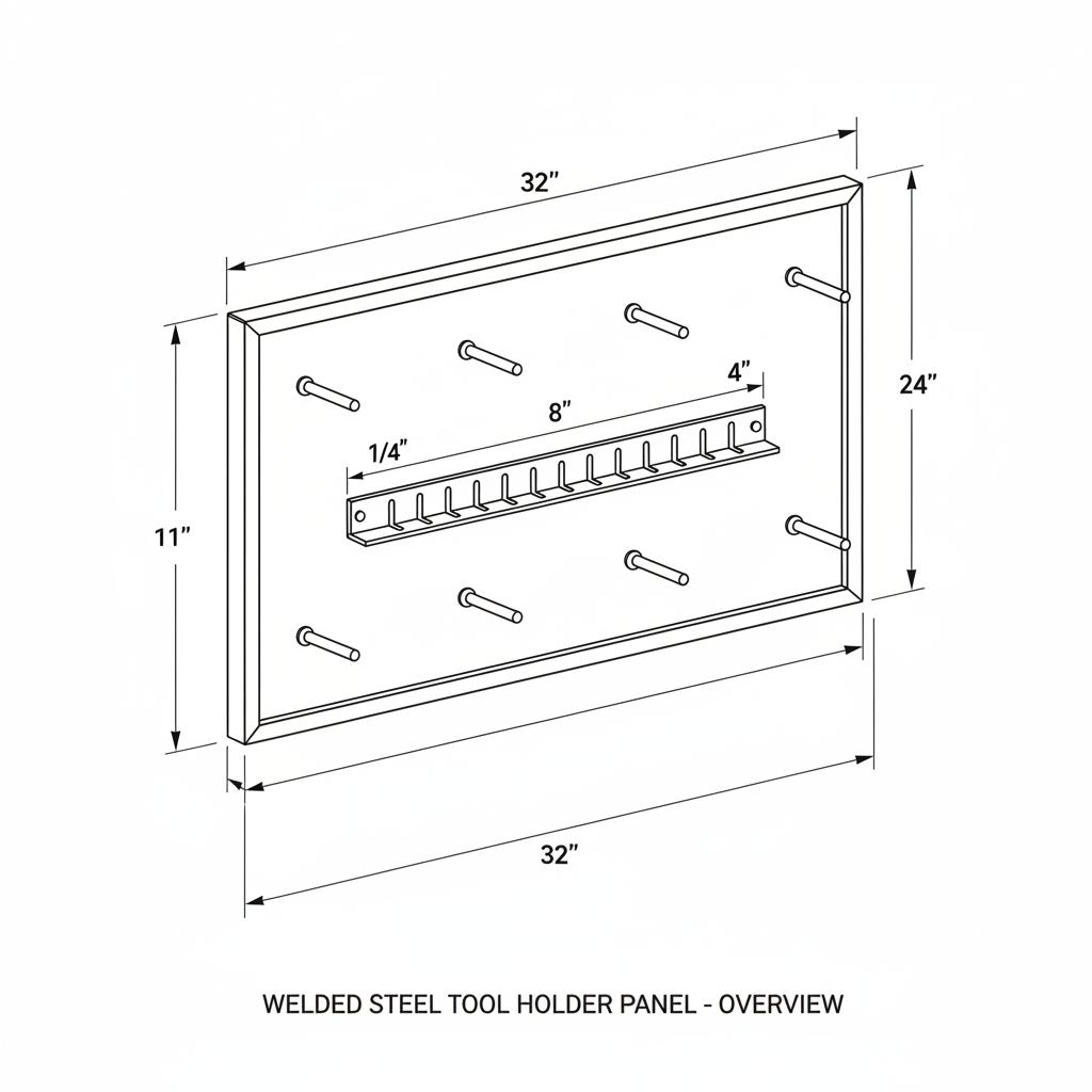 Welded steel tool holder panel for shop wall