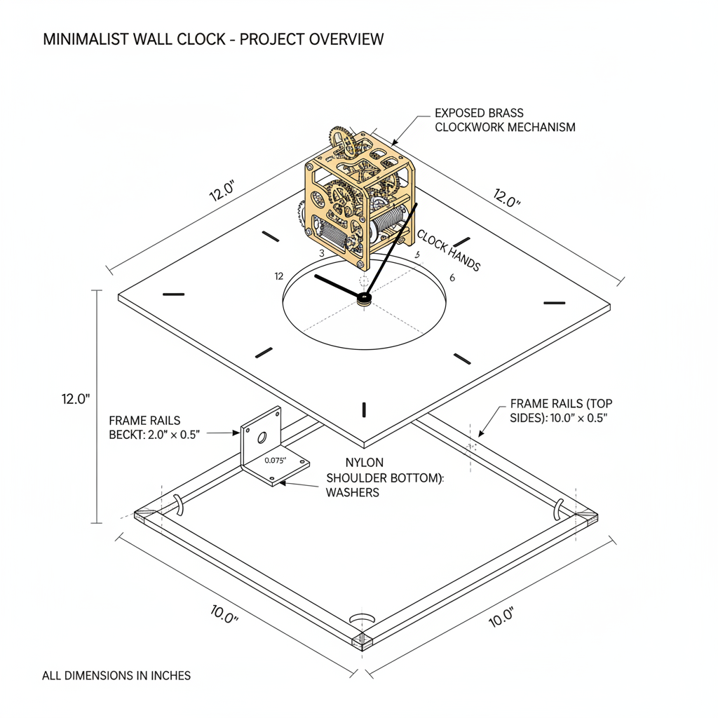 Minimalist wall clock with exposed brass clockwork mechanism