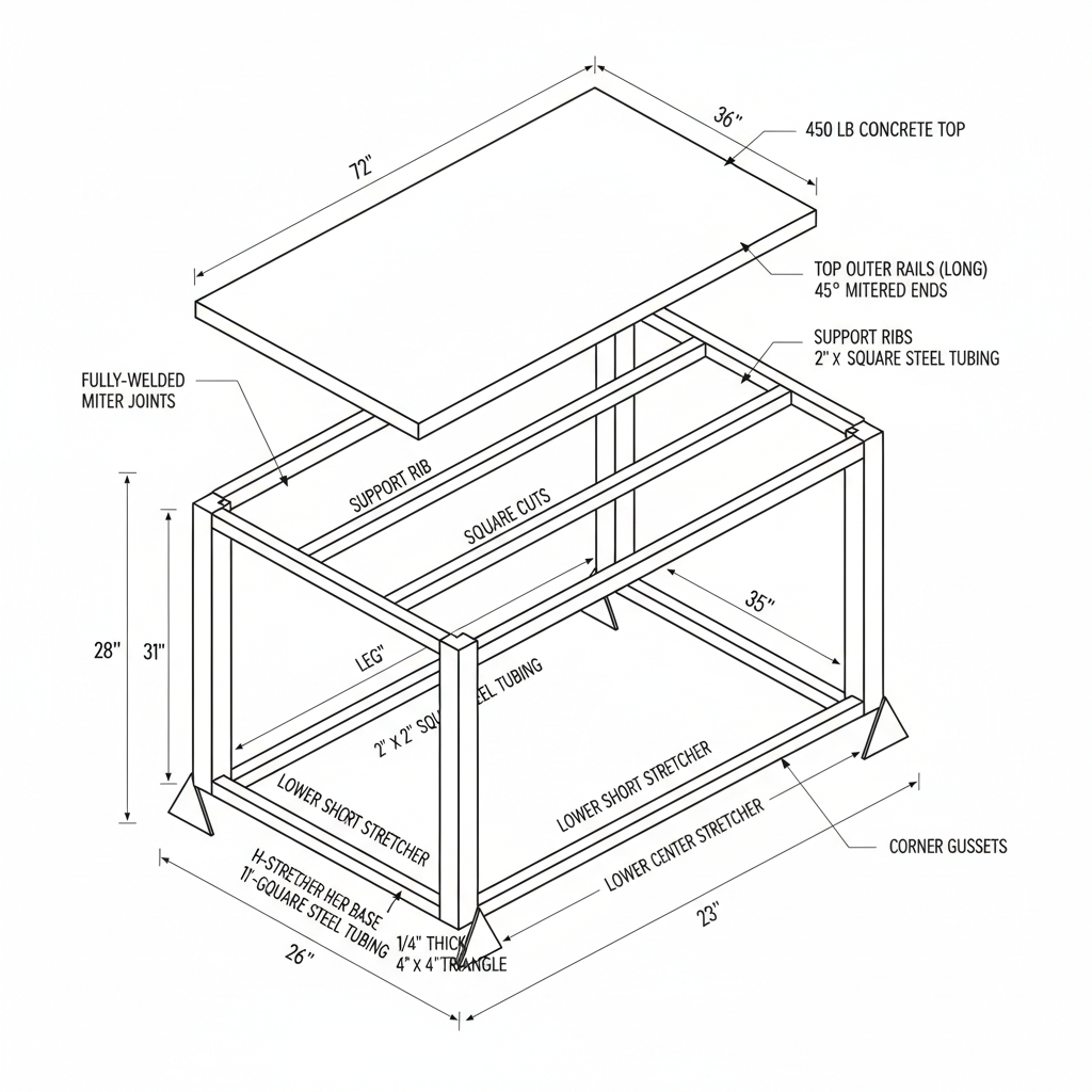 Steel frame outdoor dining table with concrete top