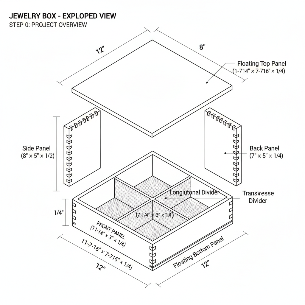Dovetailed jewelry box with velvet-lined compartments
