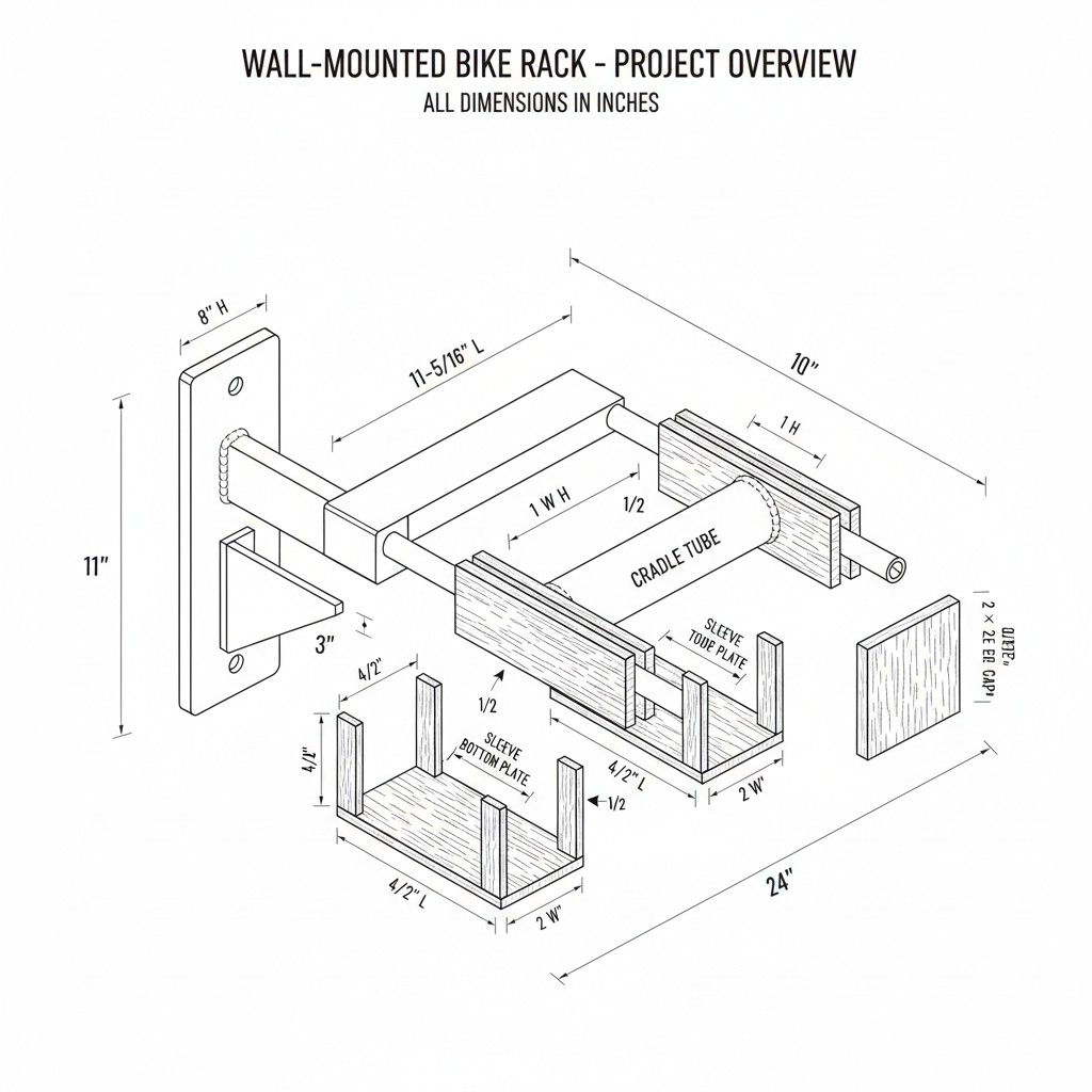 Wall-mounted bike rack from steel tubing with wood accent