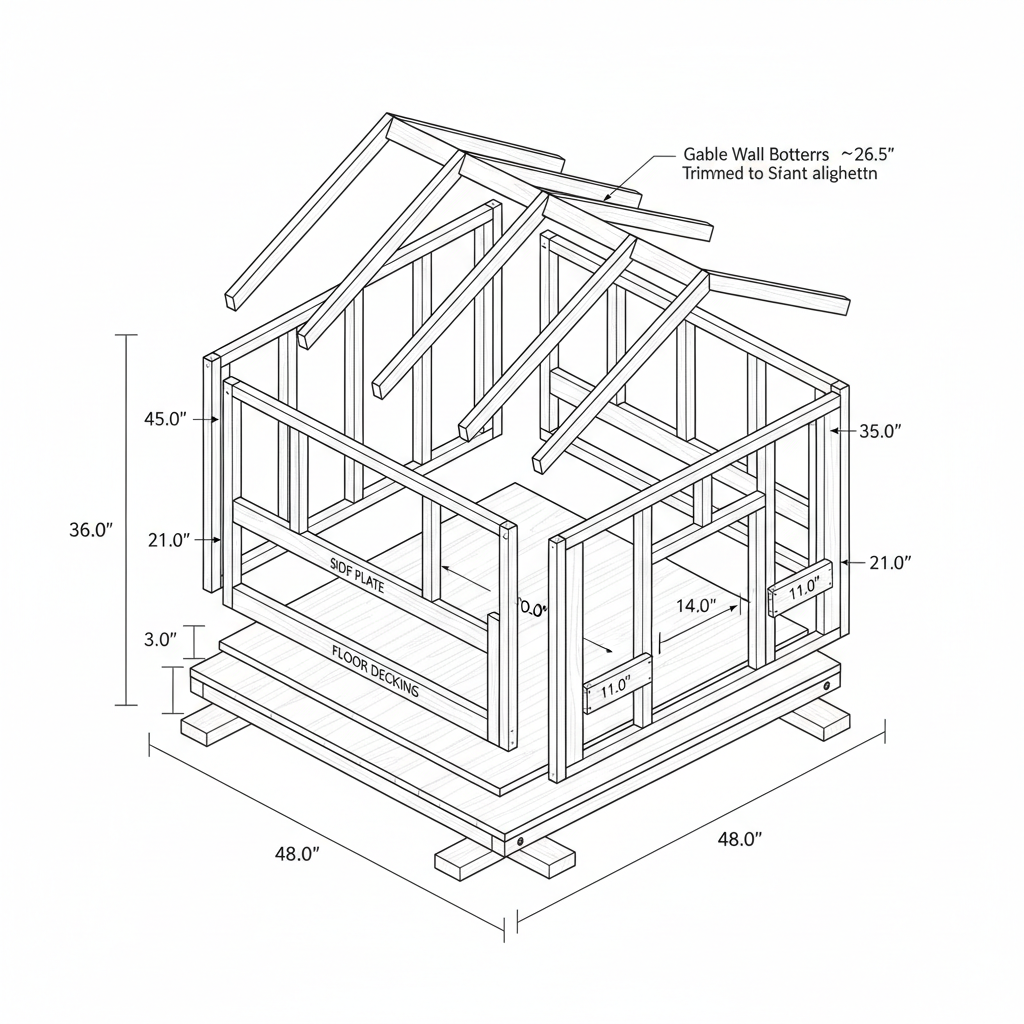 I am looking for a beautiful mostly wooden dog house that will be outdoor proof and water resistance to be in my backyard. It’s intended use is for my large breed Giant Schnauzer who is roughly 85 pounds. Please provide a build outline.