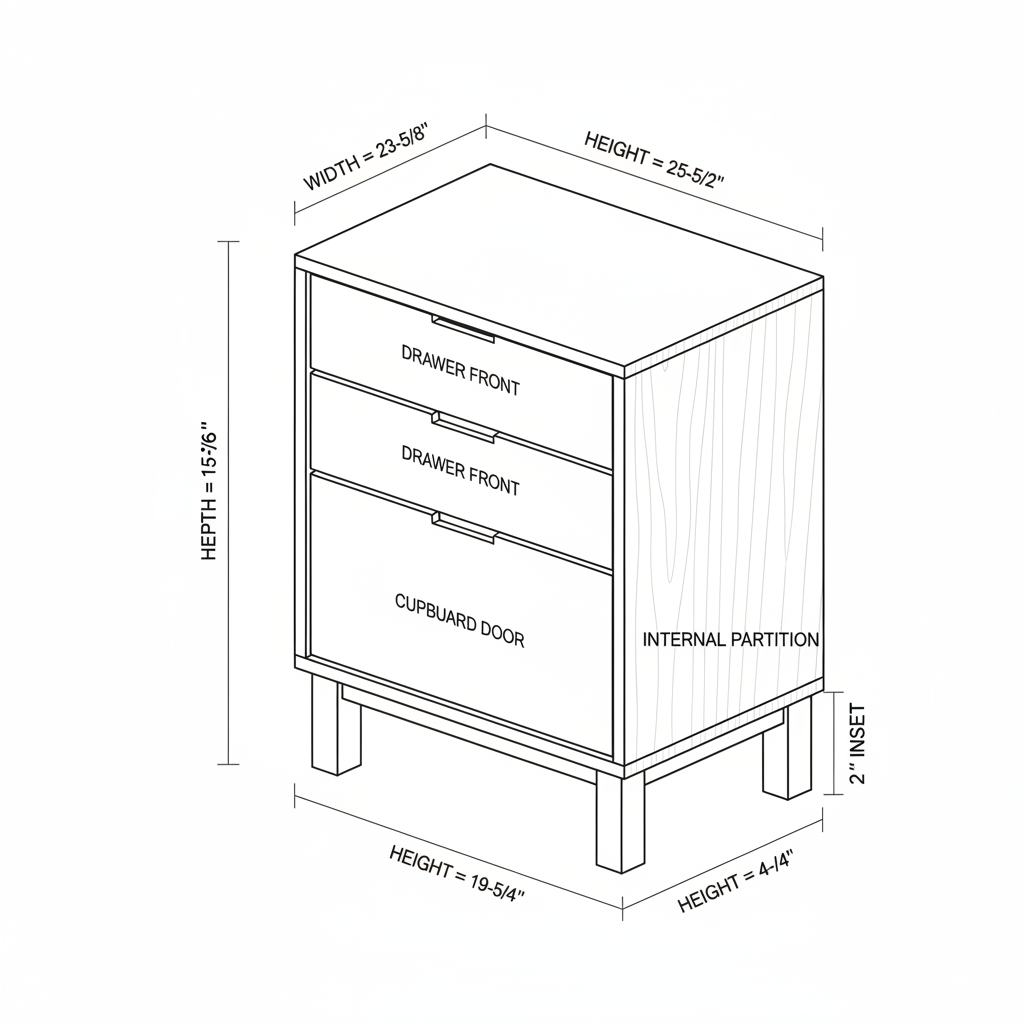 A minimalist Scandinavian style bedside table with 2 draws and a small cupboard