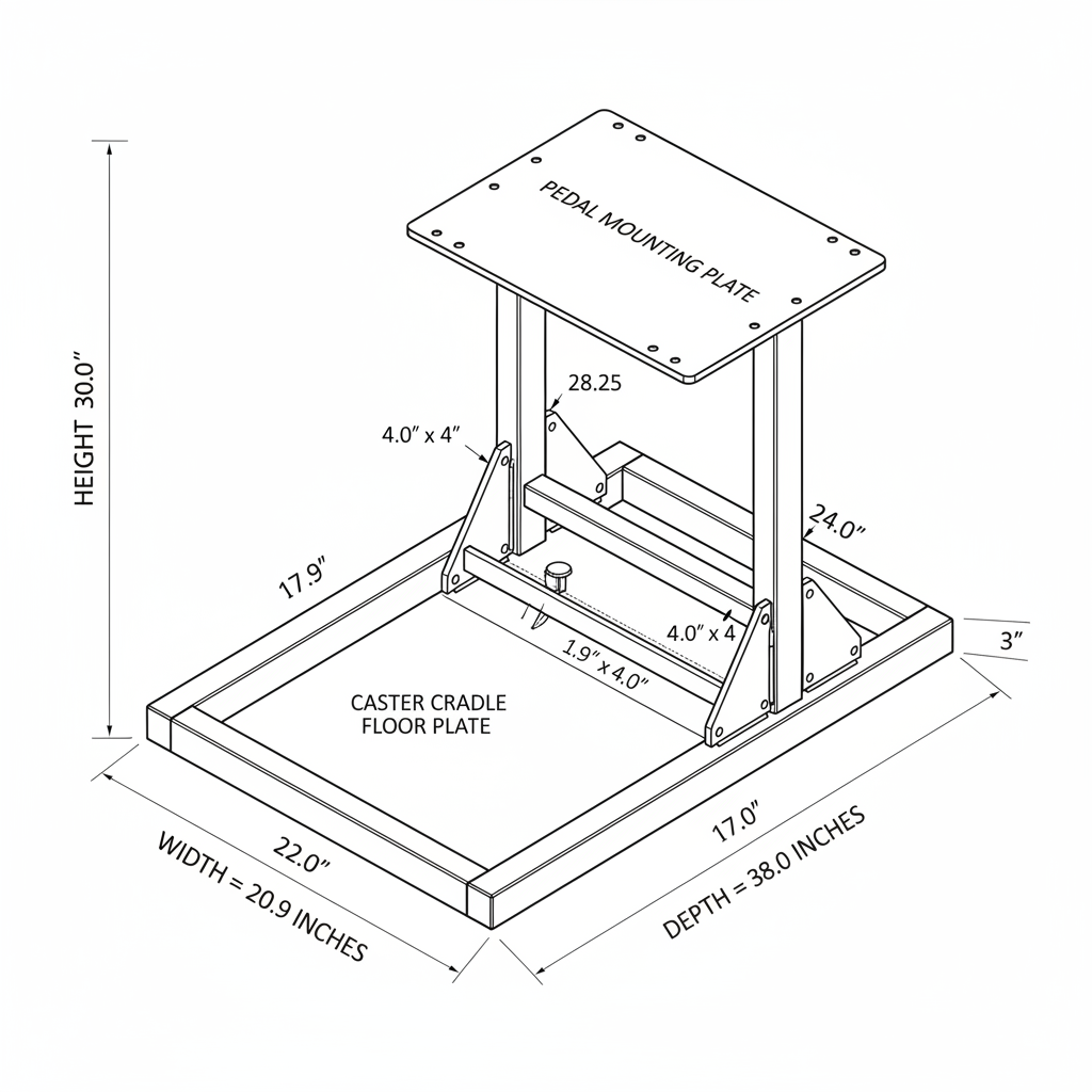 Pedal stand for sim-racing with support for inverted pedals, angle and distance adjustment, and a way for the chair not to move when the pedals are pressed. Should support up to 200kg of pressure without bending or breaking