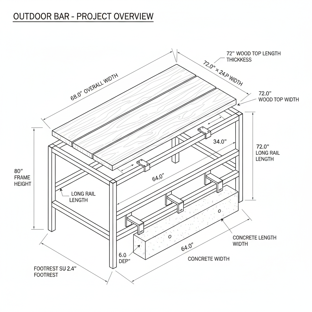 Outdoor bar combining steel frame, wood top, and concrete footrest