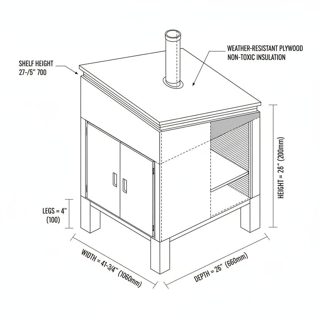 A cabinet with double doors and a 200 mm ventilation pipe for housing bats. One shelve at the height of 700 mm from the bottom. Total height at front is 2000 mm and from the back 1800 mm creating a sloped roof. Inside diameter is 1000 mm, outside about 1060 mm. There is three layers, the outer shell, insulation and veneer.