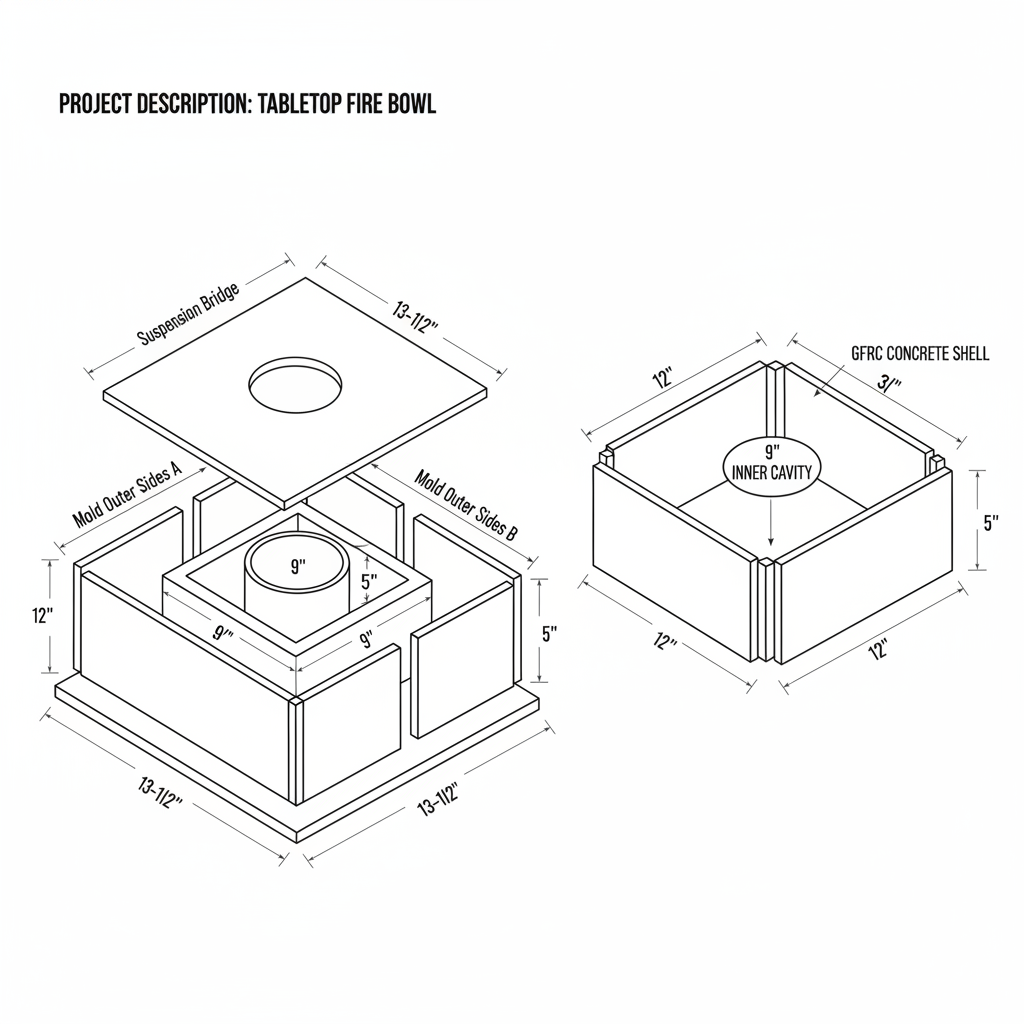Cast concrete fire bowl for tabletop