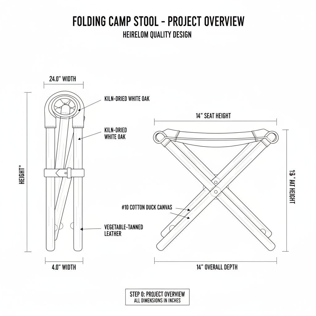 Folding camp stool with canvas seat and leather accents
