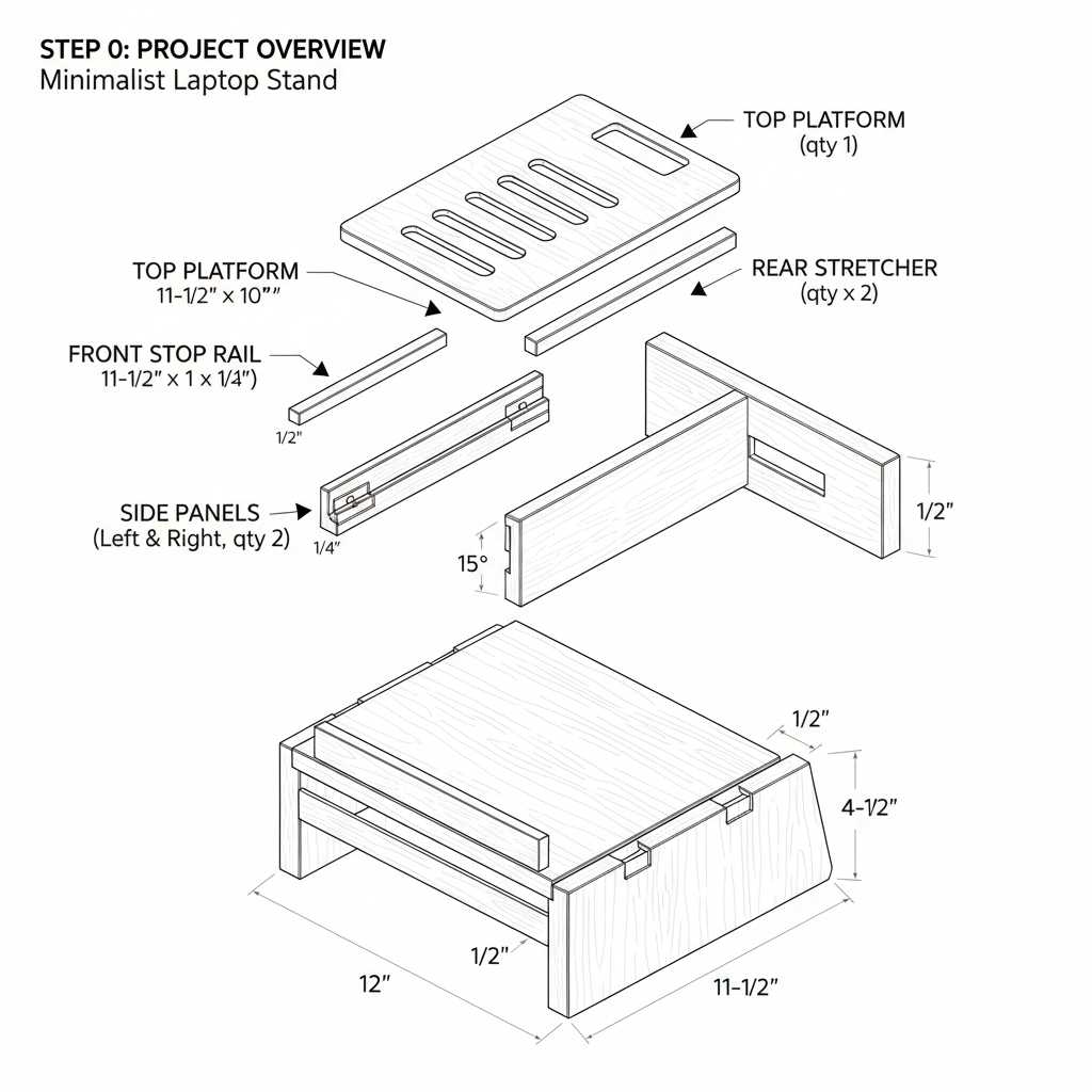 Minimalist laptop stand with integrated cable management and ventilation slots