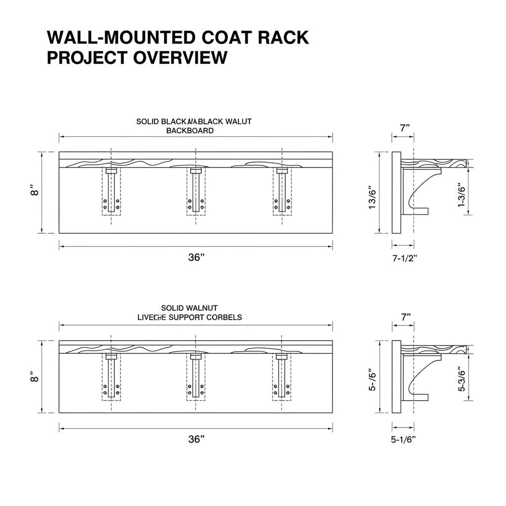 Wall-mounted coat rack with live edge walnut shelf