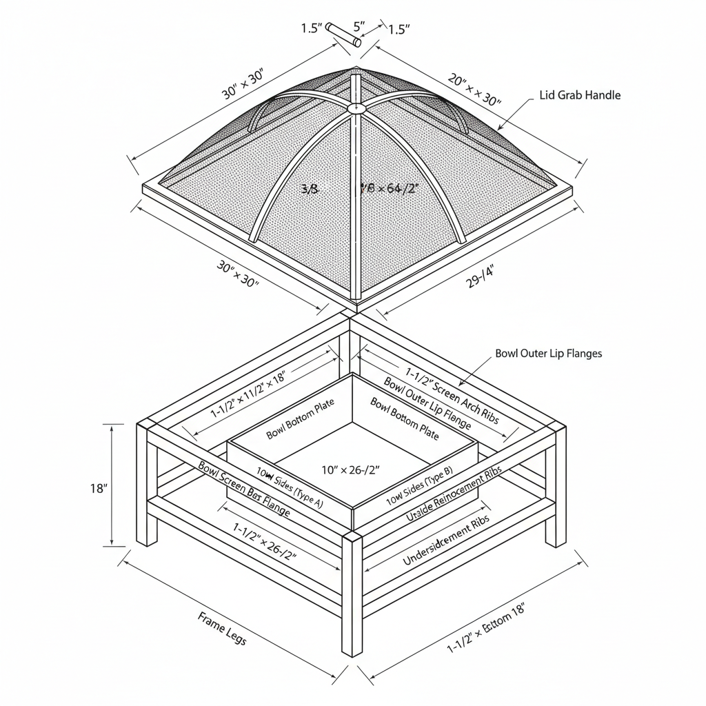 Metal fire pit with decorative spark screen lid