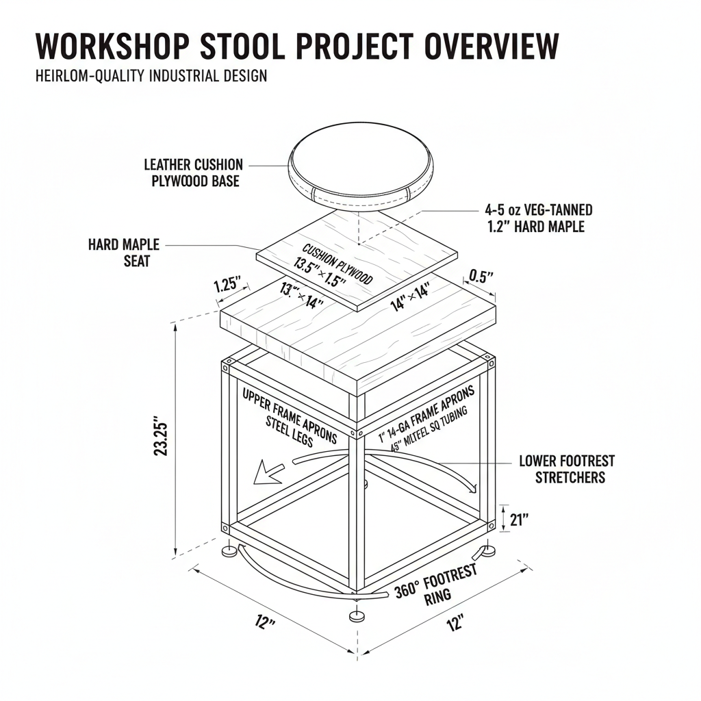 Workshop stool combining wood seat, metal frame, and leather padding