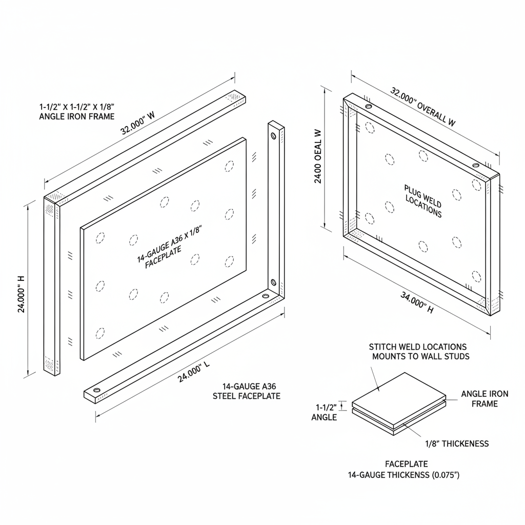 Welded steel tool holder panel for shop wall