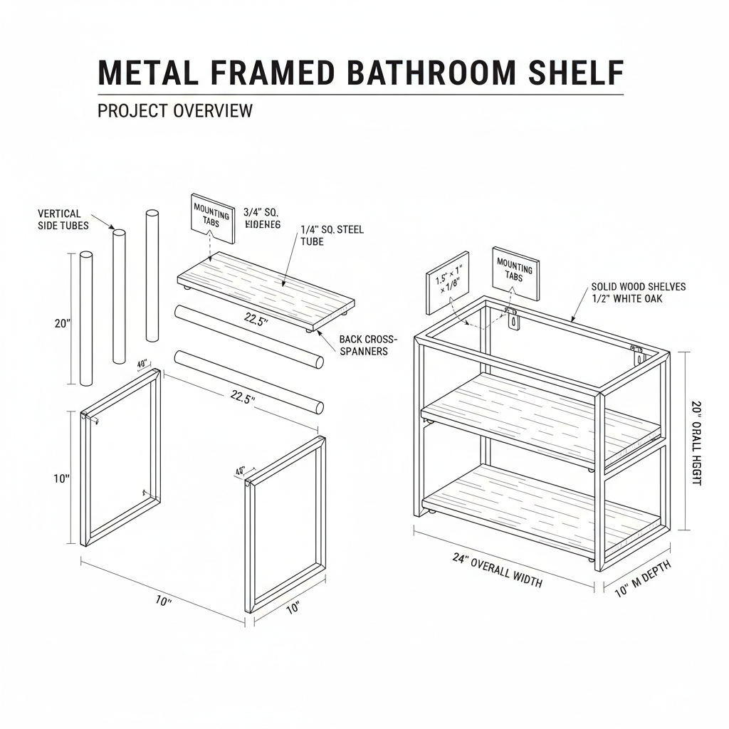 Metal framed bathroom shelf with wood shelving