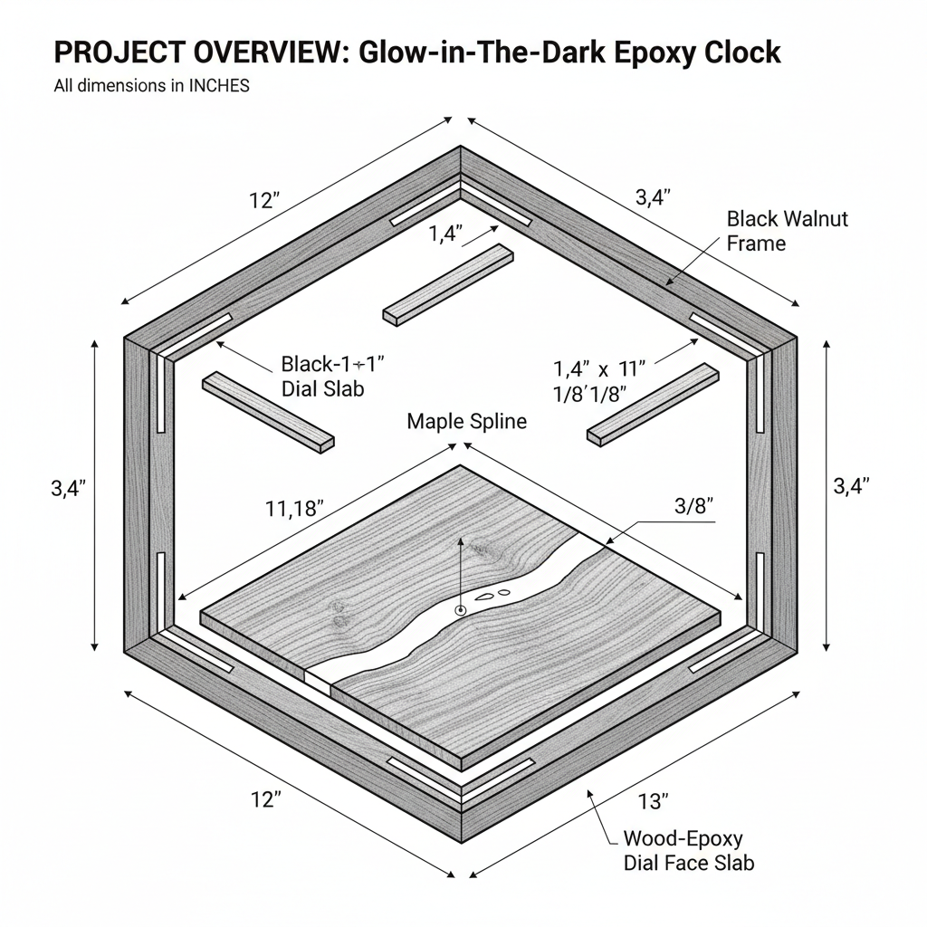 Glow-in-the-dark epoxy clock face with wood frame