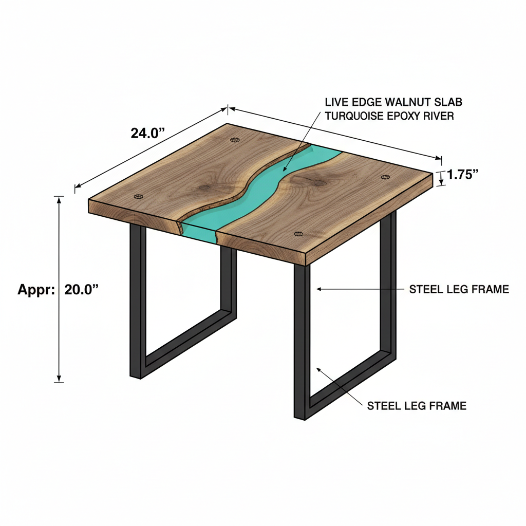 Live edge side table with turquoise epoxy river pour